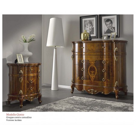 Klassisches Schlafzimmer-Set aus poliertem Walnussholz und Gold, Kommode, Nachttisch