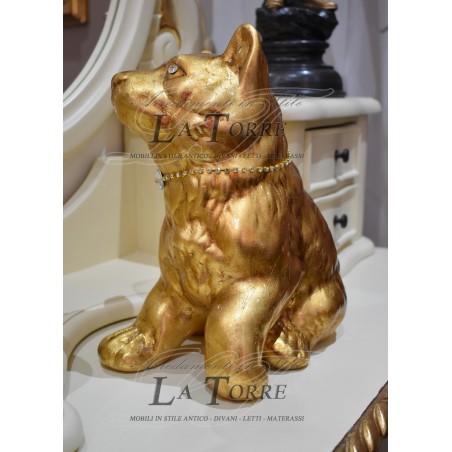 Statua scultura cucciolo di cane lupo wolf dog foglia oro animali ceramica Pr19